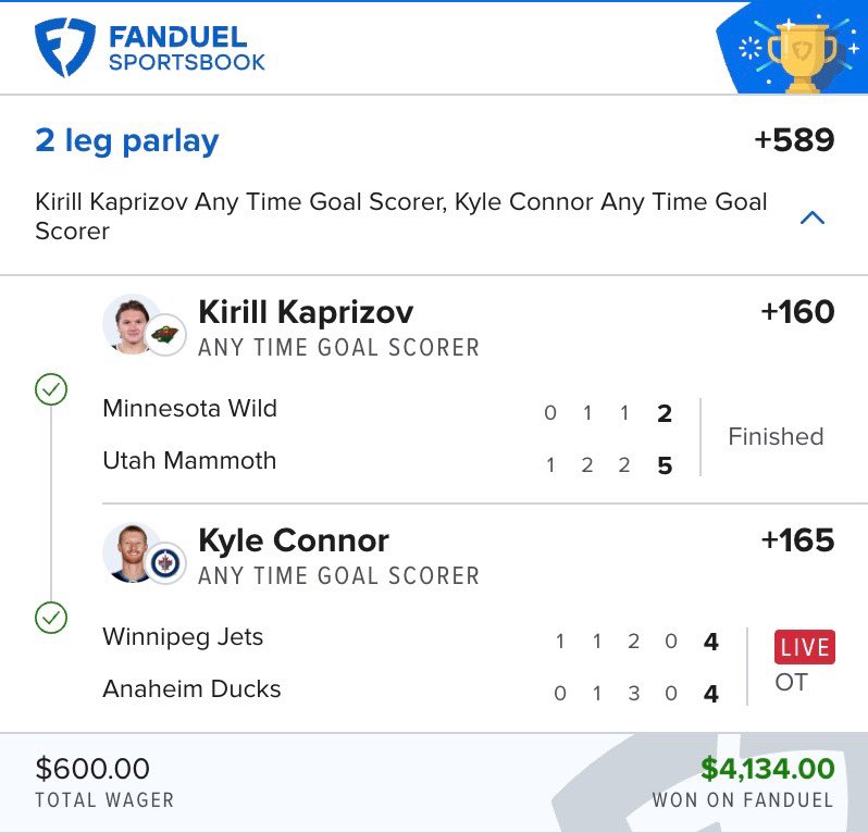 fourfigureplays's tweet photo. Kyle Connor saves the day 🤝

Kaprizov anytime goal +160 ✅
Connor anytime goal +165 ✅

This is why I love the duo slips. If you’re playing them all, we realistically only need to hit one to stay in a decent spot. Hit two and it’s a big day. Cash three and it’s insane.

Stay consistent. Stick to the units. It works out over time.

Everything gets posted in the Discord. We’re up over 10 units this month. Every straight bet and parlay is tracked.

https://t.co/Yi0xTMHVLy