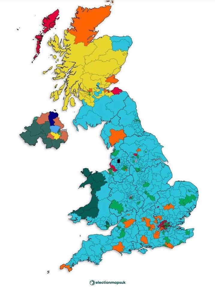 ReformDaily_'s tweet image. 🇬🇧 Reformers - stay focused 🇬🇧

If you apply the swing achieved in Gorton &amp;amp; Denton to national voting intentions, this is what the political map turns into… Reform turquoise 🩵

Local momentum
National impact

Keep building
Keep pushing

#ReformUK #ElectionMap #Momentum