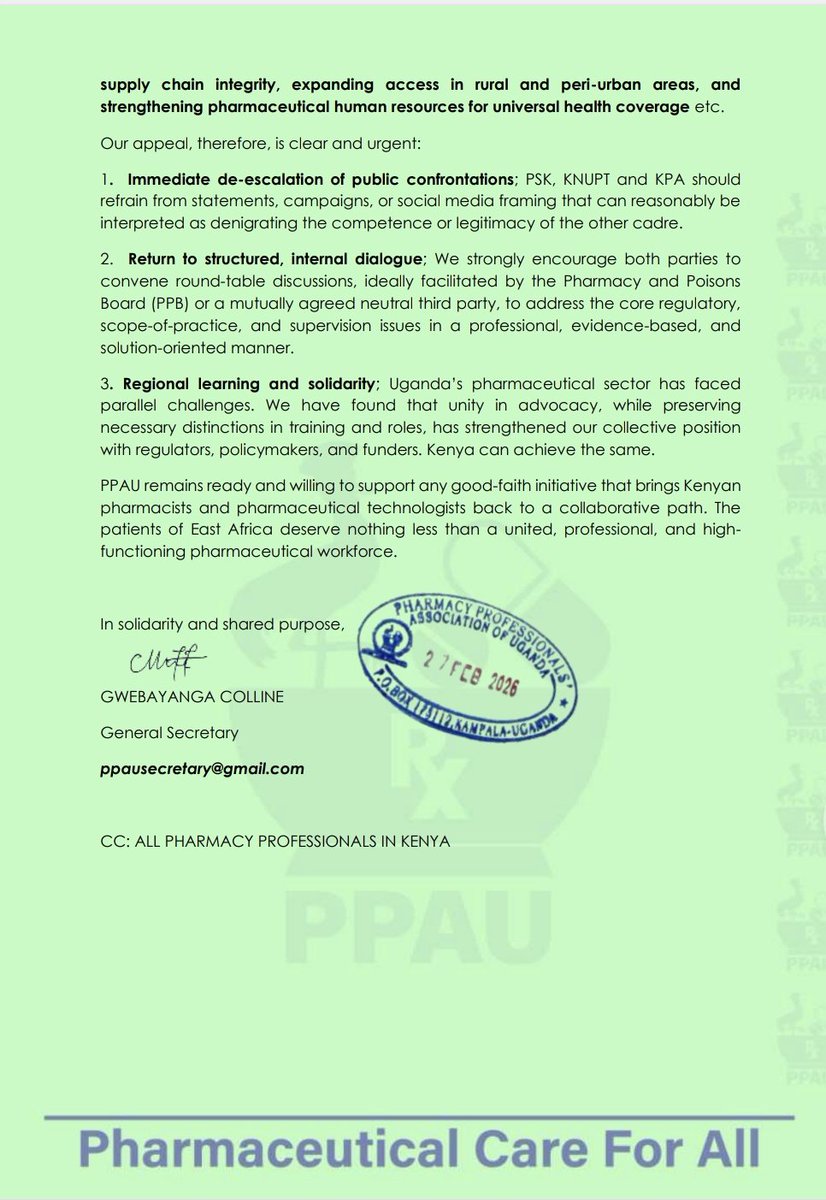 🇺🇬🤝🇰🇪 From Uganda, we stand in solidarity with our colleagues in Kenya.

Professional differences must never divide us. Dialogue, mutual respect, and unity are the foundation of a strong pharmaceutical workforce in East Africa.

Our patients deserve collaboration, not conflict.
