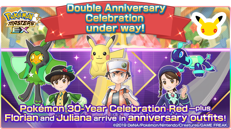 PokemonMasters's tweet photo. #DoubleAnniversary Celebration ✨

This year marks 6.5 years since the launch of Pokémon Masters EX and 30 years since the release of Pokémon Red and Pokémon Green. To celebrate, we’re bringing you a special rally!

Learn more via the in-game news.

#PokemonMasters https://t.co/KyEwXmdJGq