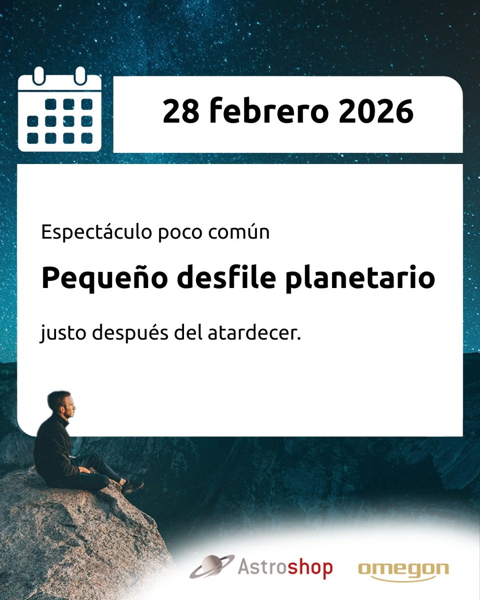 Mercurio ⚫ y Venus 🟡 muy bajos en el oeste, Saturno 🪐 más arriba y el invisible Neptuno 🟢 cerca.
Júpiter 🟠 brilla en Géminis y Urano 🟢 discreto en Tauro.

👉 astroshop.es/blog/?p=59939

#Astroshop #Omegon #Astronomia #Astrofotos #DesfilePlanetario