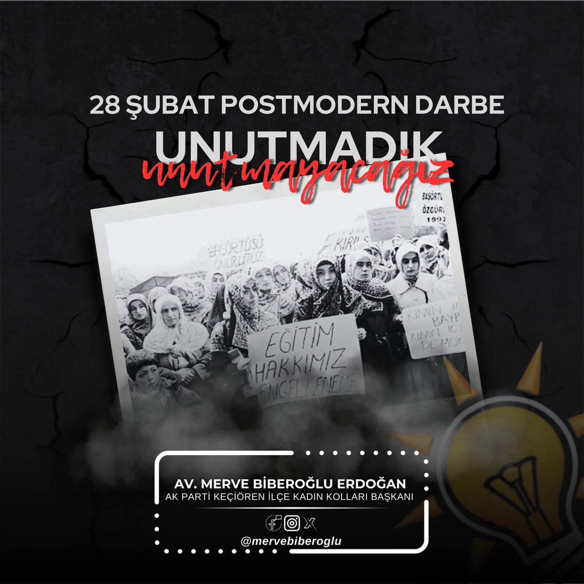 28 Şubat Postmodern Darbesi’ni unutmadık, unutmayacağız.
Demokrasiye, milli iradeye ve temel hak ve özgürlüklere yönelik her türlü müdahalenin karşısında; hukukun üstünlüğünü ve demokratik değerlerimizi kararlılıkla savunmaya devam ediyoruz.

<a href="/RTErdogan/">Recep Tayyip Erdoğan</a> 
<a href="/mervebiberoglu/">Av. Arb. Merve Biberoğlu Erdoğan</a>