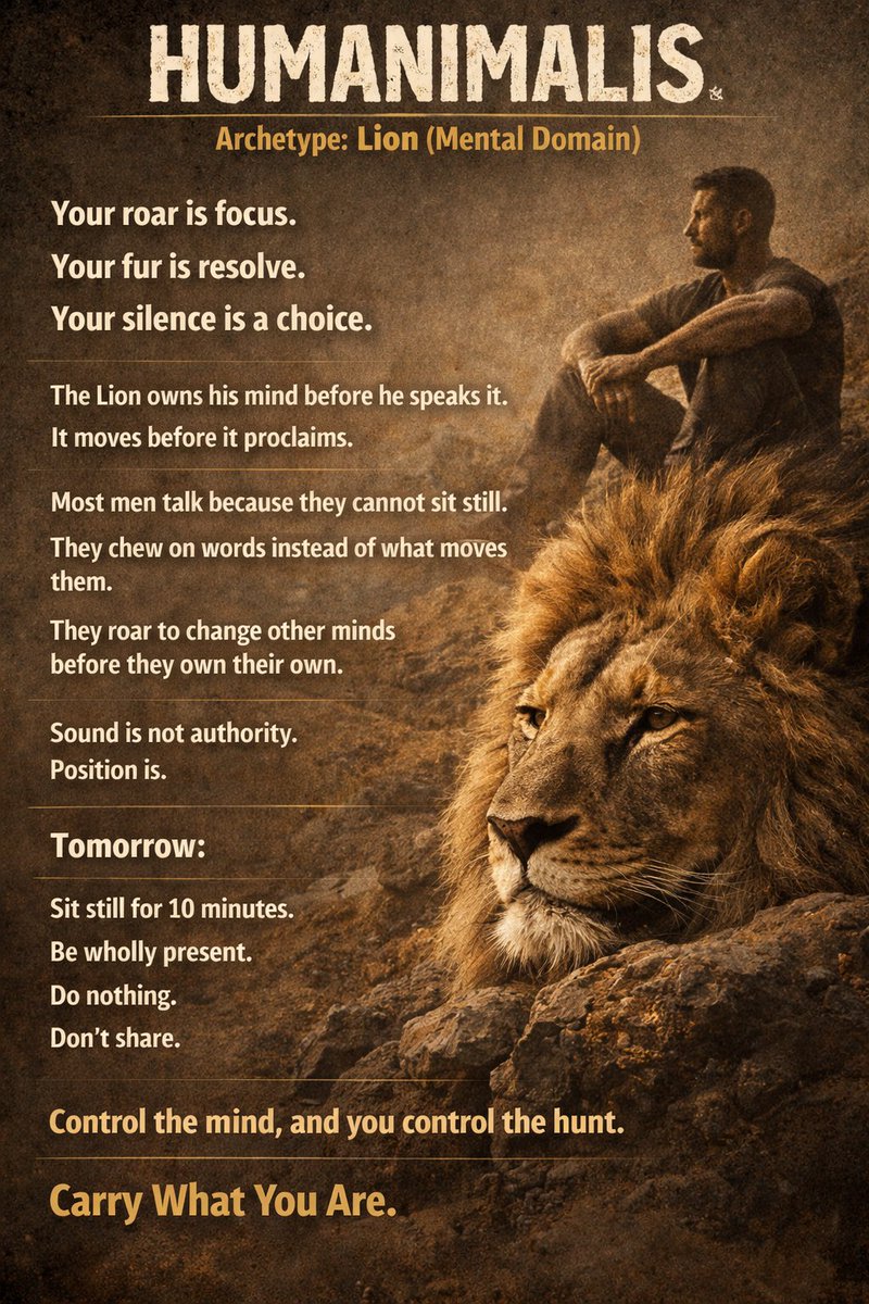 Humanimalis's tweet photo. Control the mind.
Then control the room.
Silence > noise.
Position > volume.
Carry What You Are.
#HUMANIMALIS https://t.co/uCGUoFIRAj