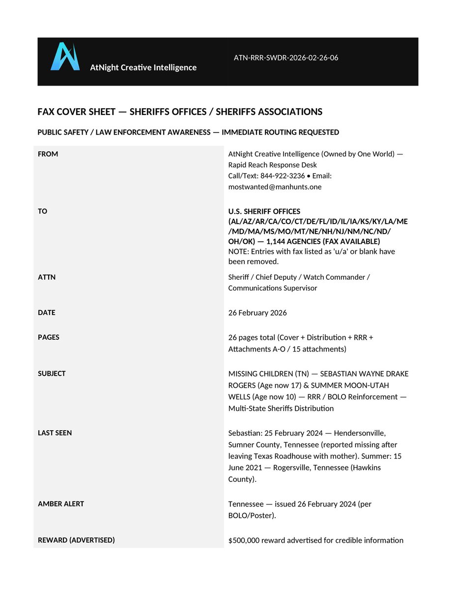 AtNightIntel's tweet photo. ———————————— #SebastianRogers
+ #SummerWells ———————————— 
—————————————————————

FOR IMMEDIATE RELEASE
2/28/2026

UPDATE: ONE WORLD / ATNIGHT RAPID REACH RESPONSE (RRR) — MULTI‑STATE SHERIFFS DISTRIBUTION

We are publicly releasing the Rapid Reach Response (RRR) fax packet currently being routed to U.S. Sheriff Offices for immediate awareness and internal briefing.

This is a public-safety / law-enforcement awareness distribution intended to put Sebastian’s identifiers in front of the people who can act fast: patrol, dispatch/communications, detention intake, and investigators.

WHO THIS IS FOR
• Sebastian Wayne Drake Rogers — age now 17
• Last seen: February 25, 2024 — Hendersonville, Sumner County, Tennessee

__
WHAT “RAPID REACH RESPONSE” MEANS

A structured, multi‑state BOLO reinforcement packet sent to Sheriff/Chief Deputy/Watch Command/Comms leadership with immediate routing requested down to field and intake personnel.

__
TRANSMISSION FOOTPRINT (BASELINE LISTED IN THE RRR)
AL / AZ / AR / CA / CO / CT / DE / FL / ID / IL / IA / KS / KY / LA / ME / MD / MA / MS / MO / MT / NE

__
STILL ACTIVELY TRANSMITTING (EXPANDED ROSTER ON THE COVER SHEET)
The current transmission roster expands the footprint above to include:
NH / NJ / NM / NC / ND / OH / OK
(1,144 sheriff agencies with fax lines available on the current roster.)

__
REGIONAL VIEW (FOR QUICK SHARING)
• West / Southwest / Mountain: CA, AZ, NM, CO, ID, MT
• South / Southeast: AL, AR, FL, KY, LA, MS, NC
• Midwest / Plains: IL, IA, KS, MO, NE, ND, OH, OK
• Northeast / Mid‑Atlantic: CT, DE, ME, MD, MA, NH, NJ