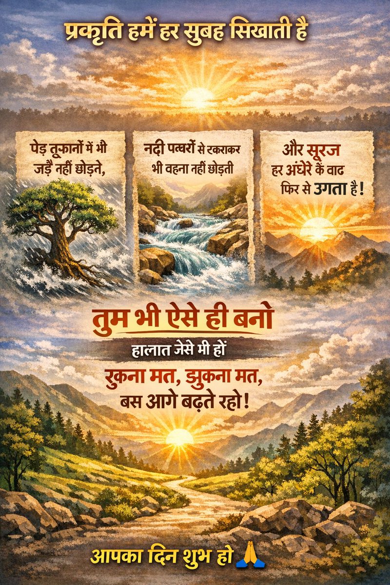 प्रकृति हमें हर सुबह सिखाती है 
पेड़ तूफ़ानों में भी जड़ें नहीं छोड़ते,
नदी पत्थरों से टकराकर भी बहना नहीं छोड़ती
और सूरज हर अंधेरे के बाद फिर से उगता है।
तुम भी ऐसे ही बनो 
हालात जैसे भी हों
रुकना मत, झुकना मत,
बस आगे बढ़ते रहो।
आपका दिन शुभ हो 🙏