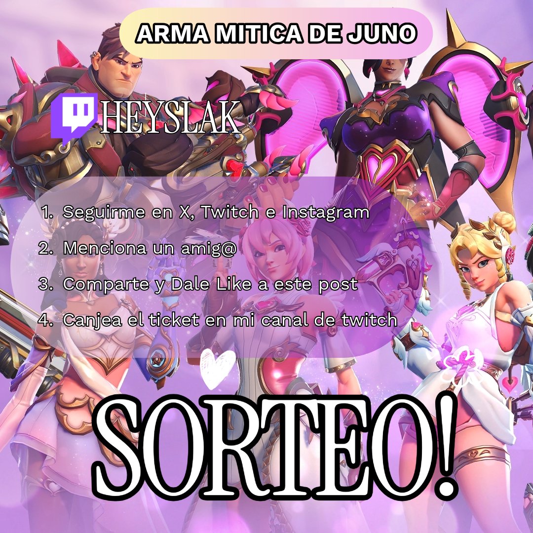 🎁Sorteo Megapack AmorWatch🎁

Gracias <a href="/OverwatchLATAM/">Overwatch</a>  por el código para la comunidad.

Requisitos: 
✅ Seguirme en X, Twitch e Instagram: heyslak
❤️Dar like a este post.
👥 Etiqueta a un amigo@ en los comentarios.
🗓️ganador el dia 9 de marzo.

#OWLATAM #OWLATAMLoverwatch