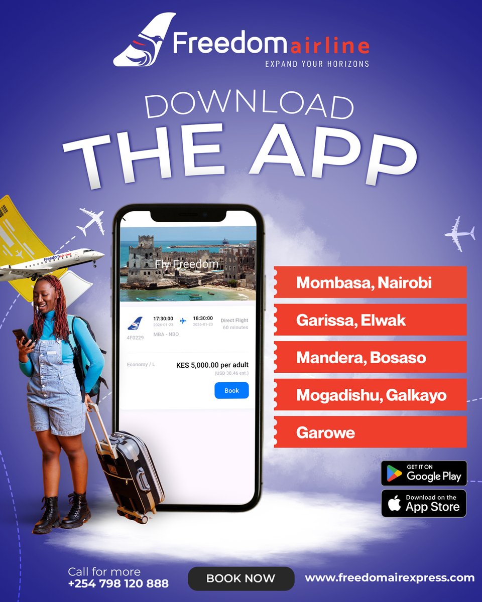 FreedomAirKe's tweet image. Your next flight is just a tap away

Download the Freedom Airline App and book flights
Fast booking, easy payments and seamless travel

📲 Available on Google Play &amp;amp; App Store
🌐 freedomairexpress.com

#FreedomAirline #TravelWithFreedom #ExpandYourHorizons #FreedomAirExpressApp