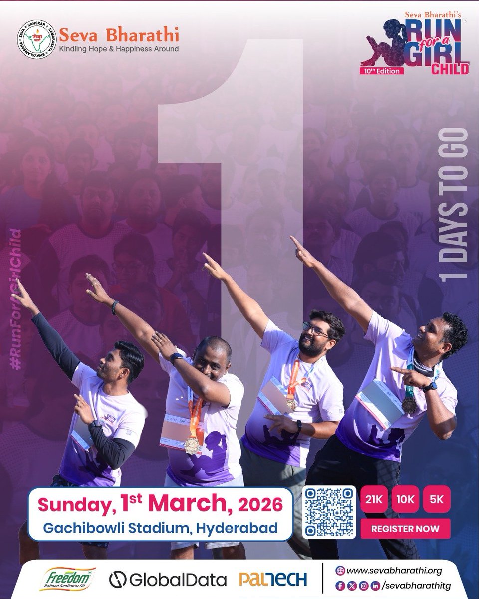 sevabharathitg's tweet photo. Only 1 day left to run for a cause that changes lives.

Be part of Hyderabad's BIG RUN.

1st March 2026, Gachibowli Stadium, Hyderabad 

#RunForGirlChild #RFGC10 #HyderabadRunners #SevaBharathiTelangana #EmpowerHer 

@globaldata.plc @paltechconsltng  @freedomoil https://t.co/5ily39POKs