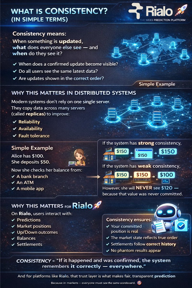 What is Consistency ? <a href="/RialoHQ/">Rialo</a> 

Consistency means:

When something is updated,
 what does everyone else see  and when do they see it ?
It answers three simple questions:

 When does a confirmed update become visible ?
 Do all users see the same latest data ?
 Are updates shown