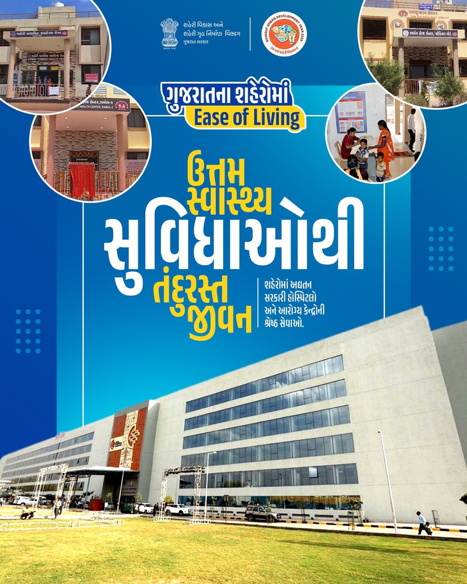 ગુજરાતના શહેરોમાં અત્યાધુનિક સરકારી હોસ્પિટલો અને આરોગ્ય કેન્દ્રોની શ્રેષ્ઠ સેવાઓથી નાગરિકોને મળી રહ્યું છે 'Ease of Living' 

#EaseOfLiving #UrbanDevelopment