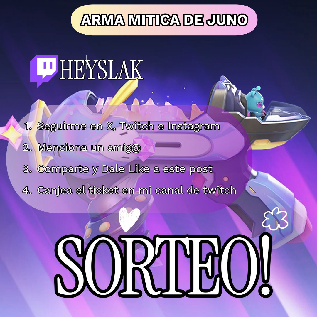 🎁SORTEO LOTE DE ARMA MITICA DE JUNO🎁

Gracias <a href="/OverwatchLATAM/">Overwatch</a> por el código para la comunidad.

Requisitos:
✅ Seguirme en X, Twitch e Instagram: heyslak
❤️Dar like a este post.
👥 Etiqueta a un amigo@ en los comentarios.
🗓️ganador el dia 9 de marzo.

#OWLATAM #OWLATAMSorteo