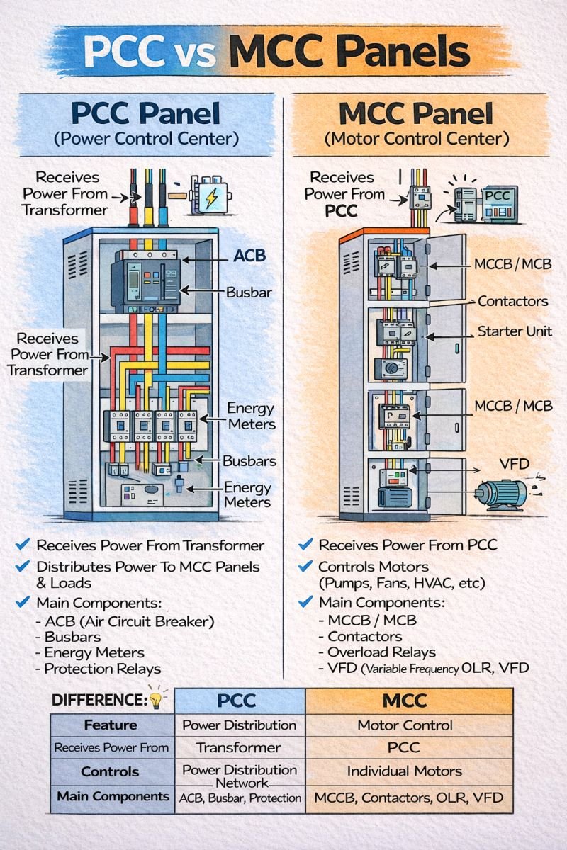 PCC vs MCC – Know the Difference
Power flow in any industrial system:
Transformer → PCC → MCC → Motors
🔹 PCC distributes power to the system.
🔹 MCC controls and protects motors.
