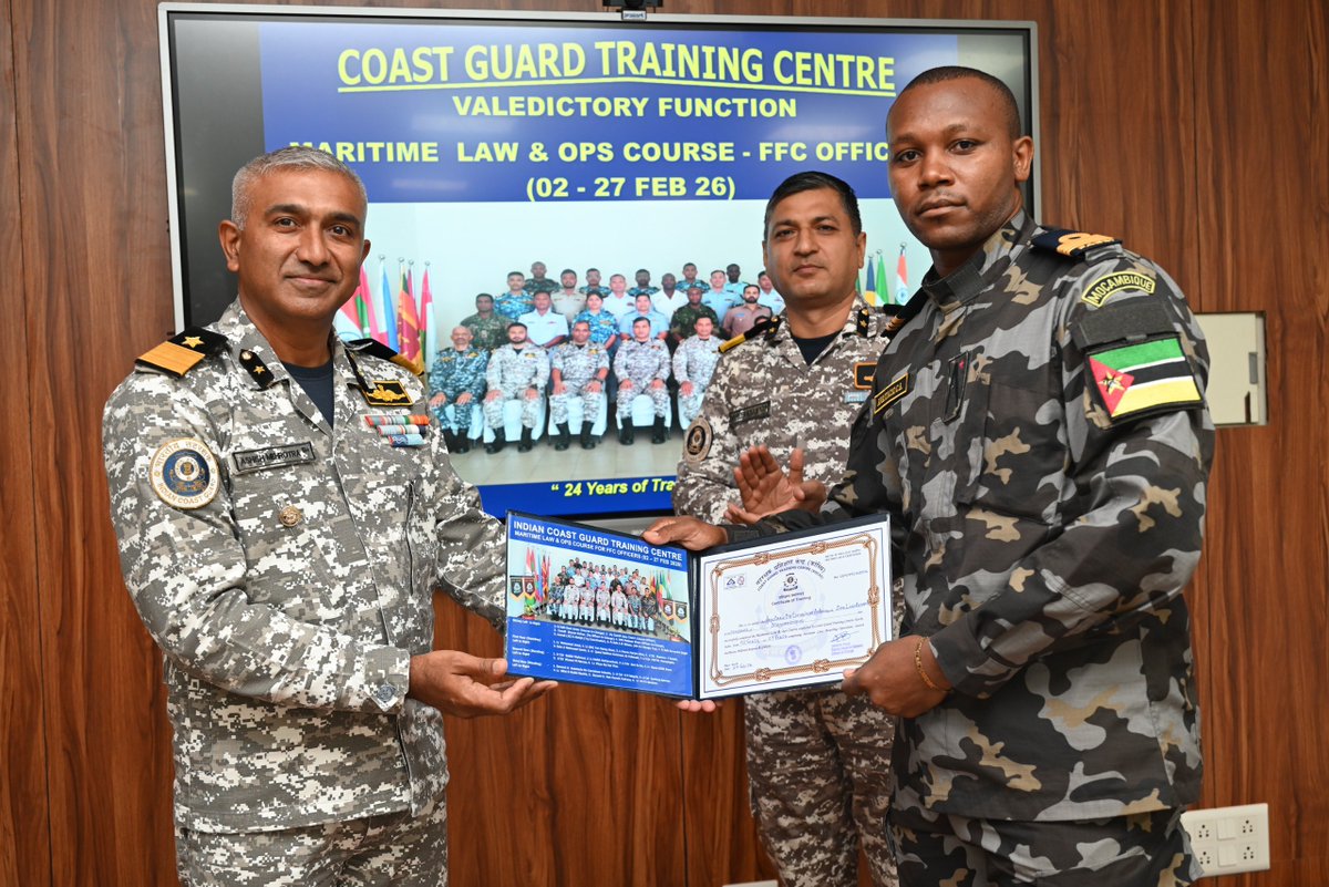 IndiaCoastGuard's tweet photo. Fostering regional #synergy and maritime cooperation.
19 officers from 10 Friendly Foreign Countries #FFCs completed the 4-week Maritime law & Operations Course at @IndiaCoastGuard Training Centre #CGTC #Kochi under the #ITEC initiative by #MEA, culminating on 27 Feb 26. The comprehensive curriculum encompassed in-depth training on Maritime #SearchAndRescue #GMDSS, Boarding Operations, Marine #PollutionResponse and Maritime Law, underscoring India's resolute commitment to capacity augmentation, maritime safety enhancement and collaborative growth amongst partner nations.
#MaritimeSecurity
#VasudhaivaKutumbakam
#WeProtect