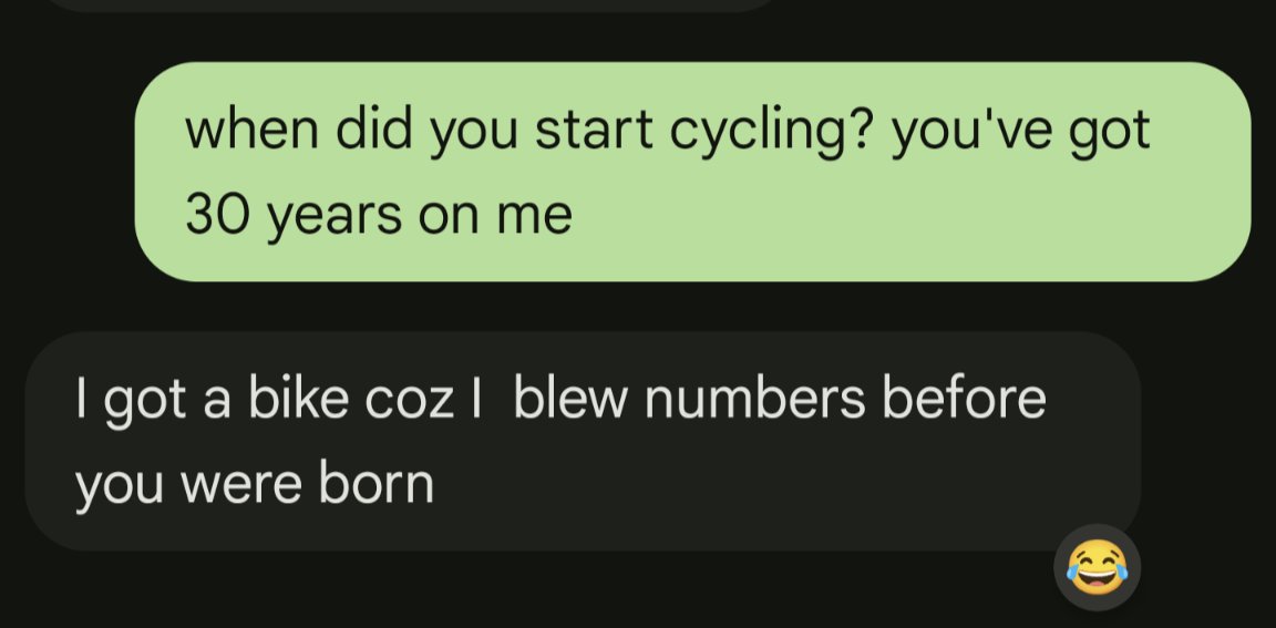 I've befriended one of the 72 year olds at work cause he's been cycling for 40+ years &amp; I just started out, was organizing a group ride with him and he just said this lmao