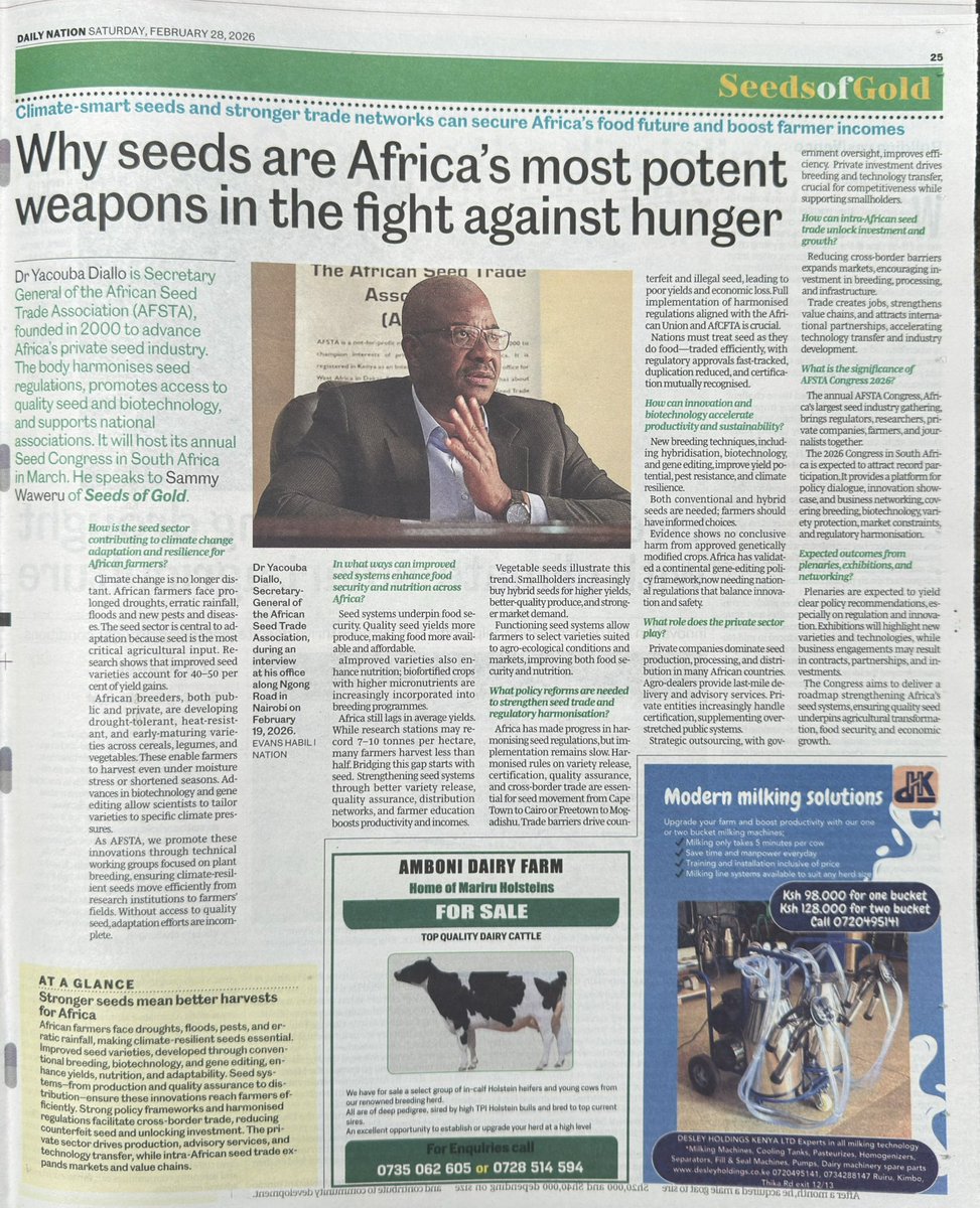 📣 TODAY ON THE DAILY NATION 📰: 

Ahead of the #AFSTACongress2026, AFSTA Secretary General Yacouba Diallo speaks to Sammy Waweru of Seeds of Gold on:

🌱 “Why seeds are Africa’s most potent weapon in the fight against hunger” 

<a href="/NationAfrica/">Daily Nation</a> <a href="/YacoubaDIALLO1/">Yacouba DIALLO</a>