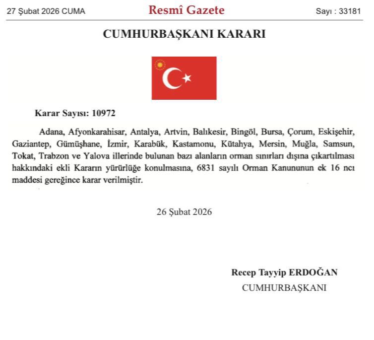 Resmi Gazete'deki karara göre arasında Kuzey Ormanları’nında bulunduğu 21 ilde beş milyon metrekareye (500 ha) yakın orman alanı daha orman sınırları dışına çıkartıldı.

Ormana "sen artık orman değilsin" diyen dünyada tek ülkeyiz

Ek 16'ncı madde kaldırılmalı ve maddeye göre