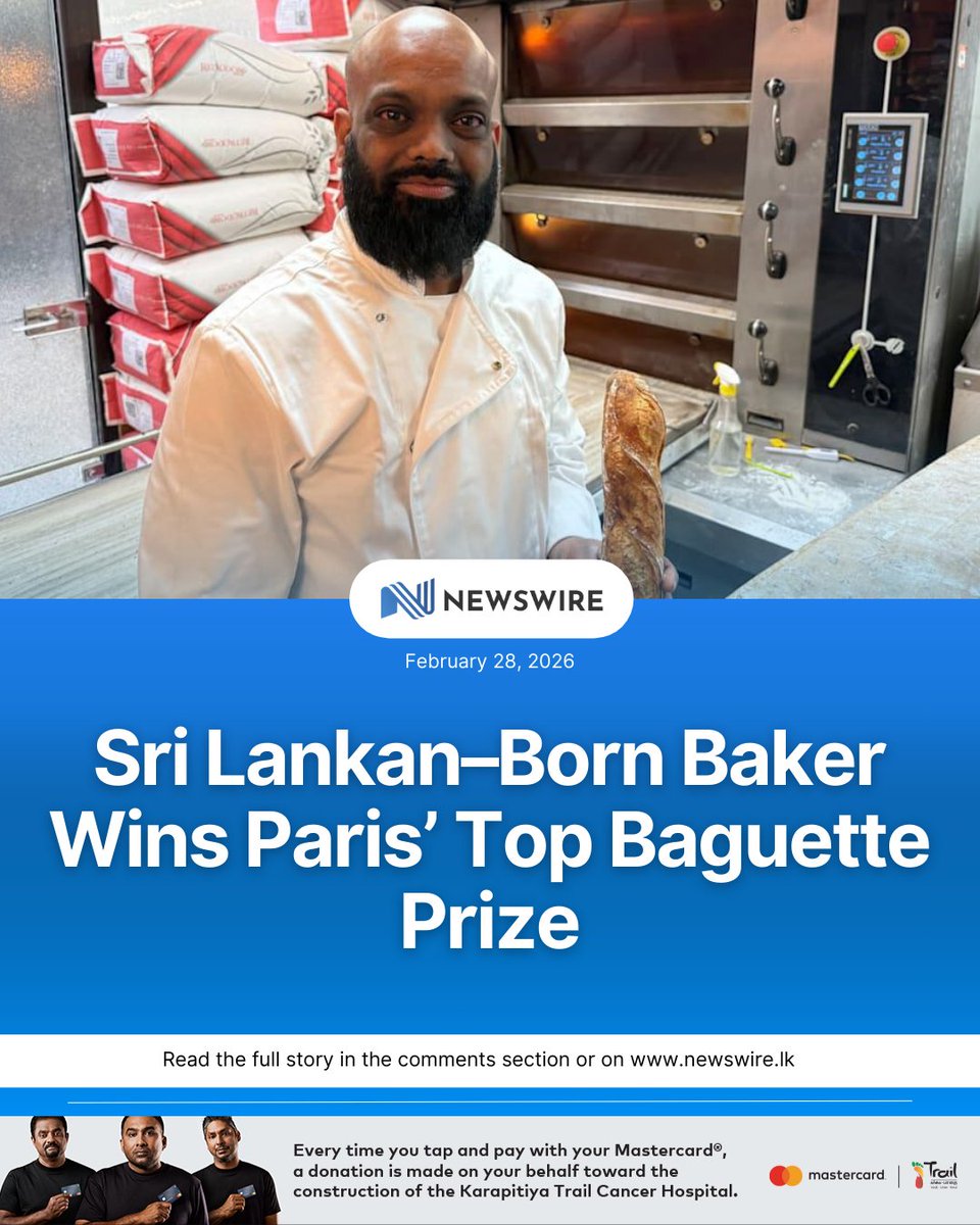 NewsWireLK's tweet photo. A Sri Lankan–born baker has risen to the top of France’s most iconic culinary tradition. Sithamparappillai Jegatheepan, 43, has won the prestigious Grand Prix de la Baguette, earning the title of best traditional baguette in Paris.

His modest neighborhood bakery, Le Fournil de Didot, triumphed over 142 competitors with its “Baguette Tradition,” impressing judges on taste, aroma, crust, and texture.

“This was my first time participating, and I won straight away,” Jegatheepan said after the announcement.

Along with a €4,000 prize, the victory brings increased recognition and the honor of supplying baguettes to the Élysée Palace, official residence of President Emmanuel Macron. The award traditionally includes a meeting with the French head of state — a prospect Jegatheepan described with delight.