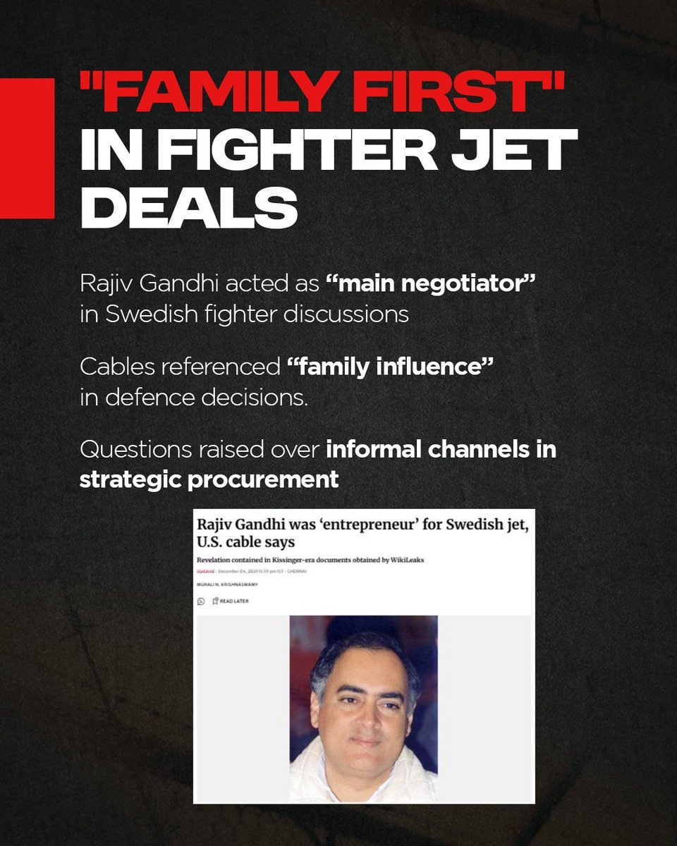 RabindranathMLA's tweet photo. #CompromisedRajivGandhi: Saab-Scania cables: Rajiv's "relevant qualification" was family clout, not expertise. Defense deals swayed by nepotism, endangering air force. PMO a dynasty fortress – impenetrable to masses, porous to foreign influencers! https://t.co/iU2lznKi1i