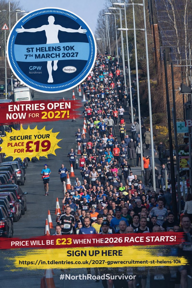 sthelens10krun's tweet image. 09.30 Tomorrow 2000 Athletes will tackle #NorthRoad

09.30 Tomorrow £19 #EarlyBird offer for 2027 will increase to £23

@gpwrecruitment @sthelens10krun 7th March 2027

We are aiming for a record 2400 athletes!

Sign Up Here
lnkd.in/eEZENWiE

#NorthRoadSurvivor @UKRunChat