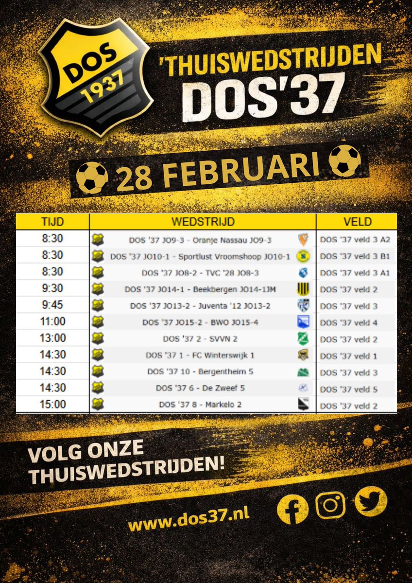 💛Thuis- en uitprogramma zaterdag 28 februari voor DOS’37 teams 🖤

Vandaag spelen een aantal DOS’37 teams. Wij wensen deze teams veel plezier en succes vandaag.

Laat het een mooie voetbaldag worden! 💪⚽️