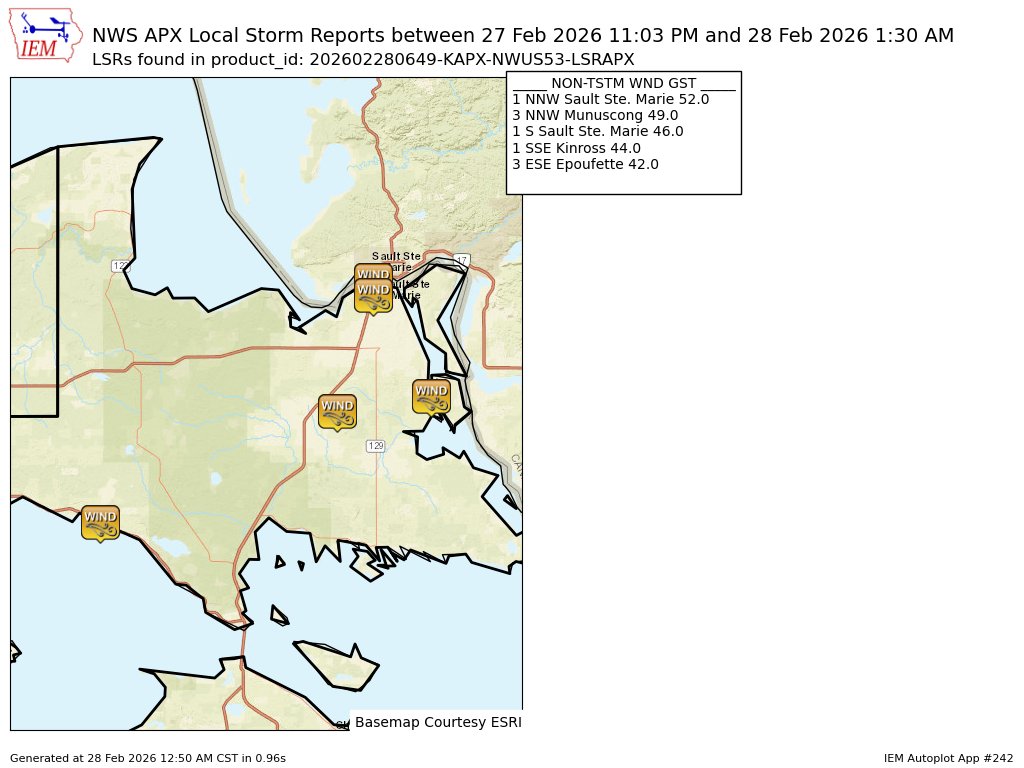 At 11:30 PM EST, 3 NNW Munuscong [Lsz322 Co, MI] Buoy reports Non-Tstm Wnd Gst of M49 MPH. Buoy station WNEM4 West Neebish Island, MI. #miwx mesonet.agron.iastate.edu/lsr/?by=wfo&wf…