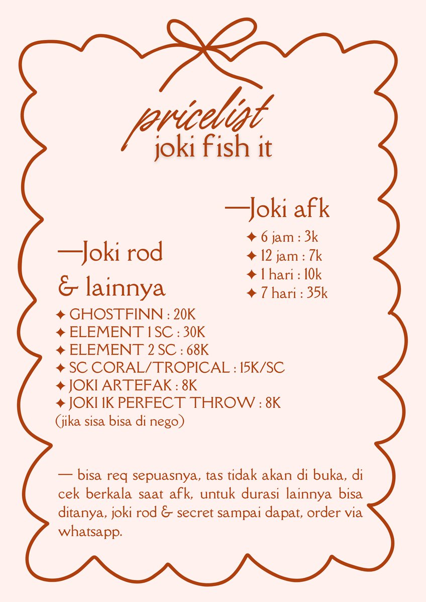 born2diesc's tweet photo. WTS JOKI FISH IT - AFK ALL MAP &amp; REDFINGER MILEA :

— Joki afk fish it &amp; all map 
— Joki rod &amp; secret 
— Joki Artefak 
— Joki 1k perfect throw 
— Redfinger via code &amp; siap pakai 

testi di pin &amp; contact via whatsapp yaw 💌💗 https://t.co/tihRHM1FDm