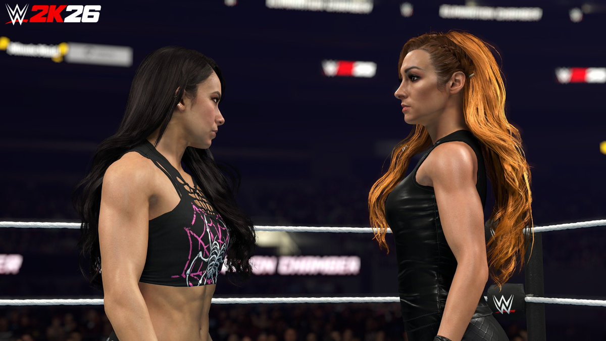 WWEgames's tweet photo. History staring back at history. 🤯 
Becky Lynch. AJ Lee. Let’s settle it. #WWE2K26 #WWEChamber https://t.co/YkAsJEq1BF