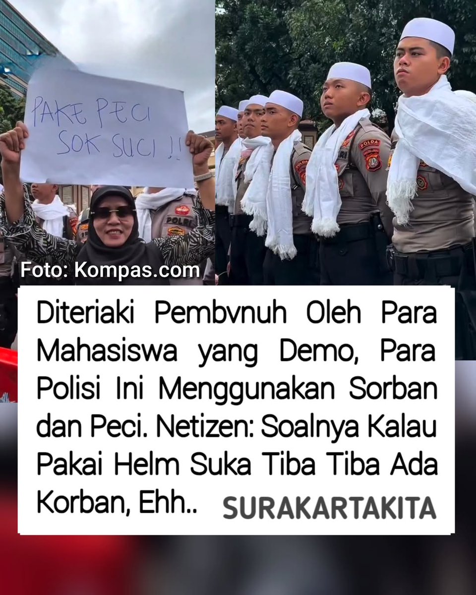 AniqArdyy's tweet image. Polisi pakai peci &amp;amp; sorban saat kawal aksi BEM UI di Mabes Polri, Jaksel (27/2/2026).

Aksi ini menyusul tewasnya Arianto Tawakal (14) yang diduga dianiaya anggota Brimob di Tual, Maluku Tenggara.

Menurut kalian, ini bentuk empati atau ada makna lain? 🤔
#polisi