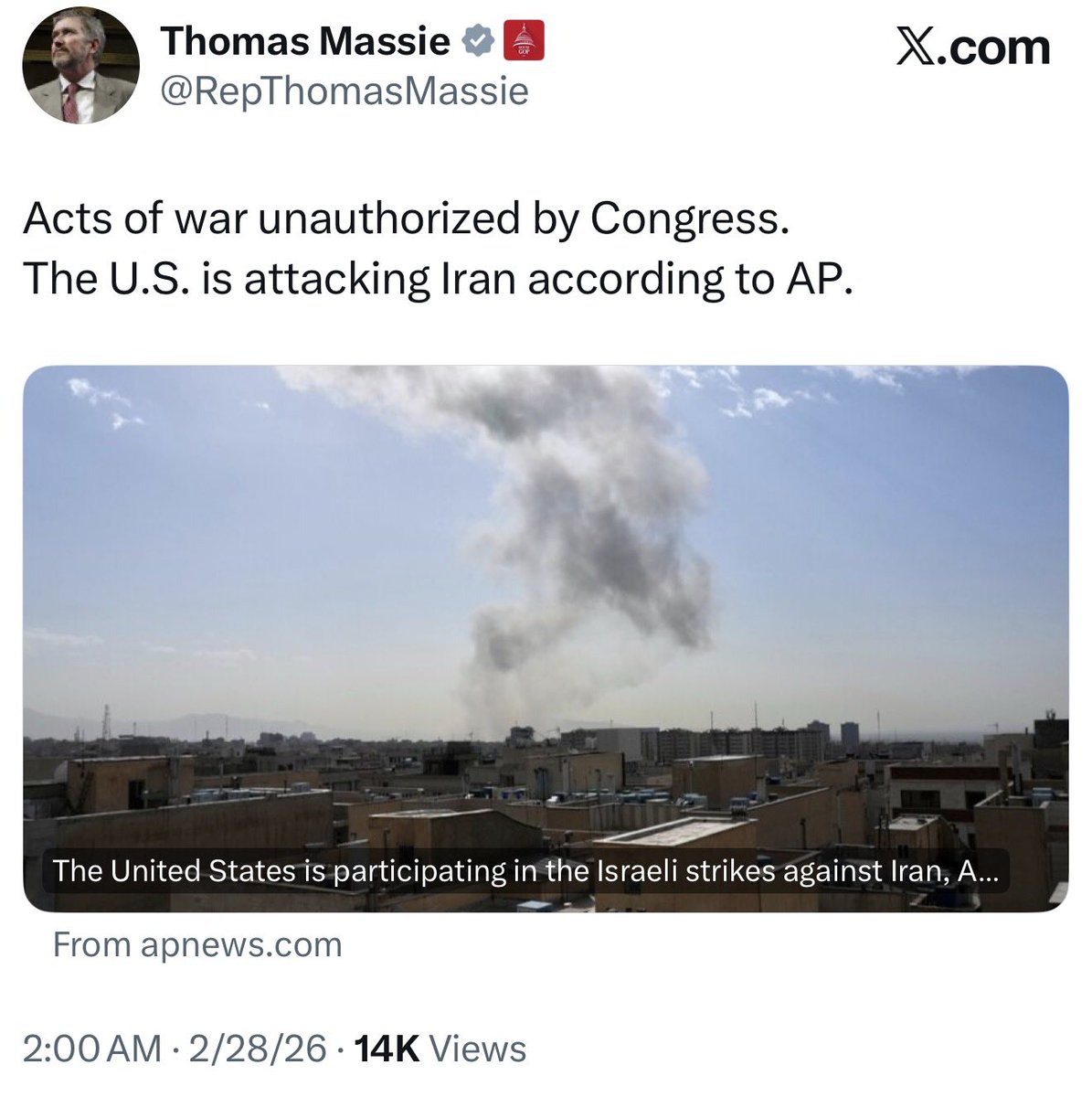 BREAKING: Rep. Thomas Massie confirms that the Untied States strikes on Iran are unauthorized by Congress