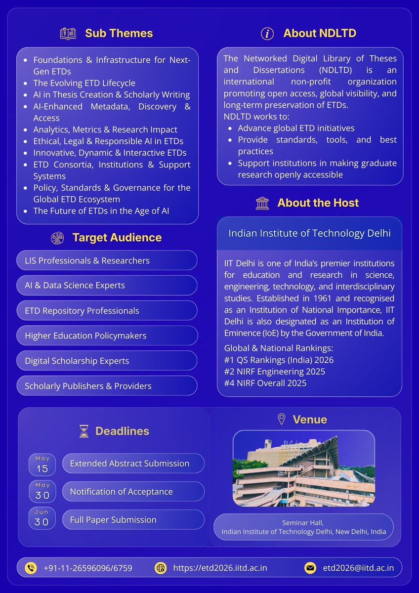cliitd's tweet photo. Call for Papers | ETD 2026 | ETDs in the Age of AI
ETD 2026 welcomes research papers, case studies, and practice-based insights that advance understanding of AI-enabled transformation.
https://t.co/5XrKK81CKd
#ETD2026, #IITDelhi, #NDLTD, @iitdelhi, @iitdaa https://t.co/kEKkpBs5hw