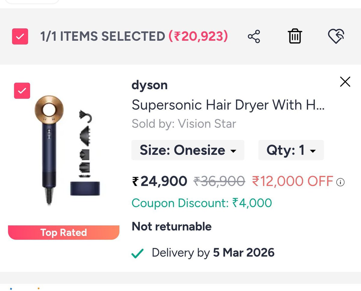 DealBeeOfficial's tweet image. DYSON SUPERSONIC at ₹20900 + CARD OFFER

myntr.it/NnjuEgH

APPLY COUPON 
EXCLUSIVEDEAL