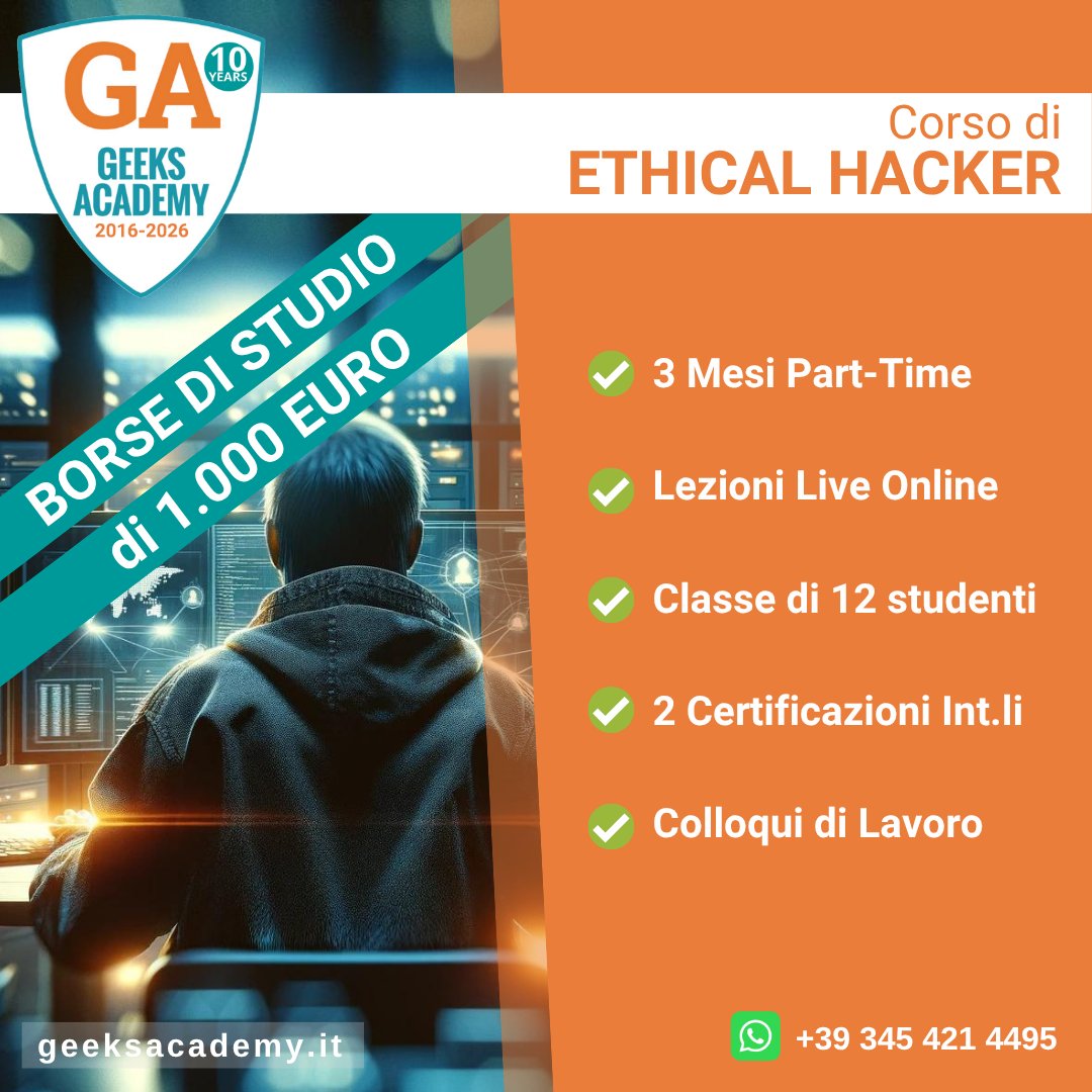 GeeksAcademyEu's tweet image. Sogni di diventare un EthicalHacker❓Iscriviti il corso pratico con laboratori dedicati a #PenetrationTesting e #VulnerabilityAssessment per avviarti alla professione più ambita nella #Cybersecurity. Consegui #certificazione internazionale . L'esame è con noi in sede o da remoto.