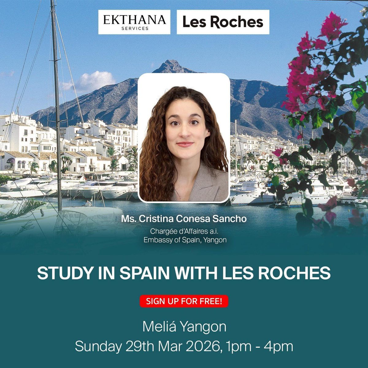 Te invitamos a un “Study in Spain Seminar” con Les Roches en Yangon 🇪🇸🇲🇲 y una sesion especial de <a href="/EmbEspMyanmar/">España en Myanmar</a> sobre estudiar y vivir en España.

📍Meliá Yangon
🗓29/03/26
⏰13–16 h

Inscripción previa obligatoria 👇
ekthana.com/seminar/29mar2…