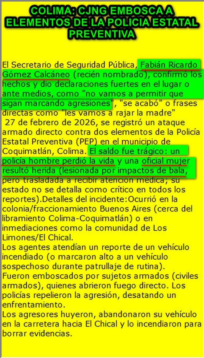 MennyValdz's tweet image. CJNG ataca a policias de #colima RECORDAR QUE LOS lideres son ALVARO NOE MORFIN  "EL RAYO" Y SU HNO CESAR "PRIMITO"
Matan a elemento y hiere a mujer policia 
El nuevo srio de @SSP_COLIMA FABIAN GOMEZ CALCANEO DECLARA QUE DETENDRAN A LOS RESPONSABLES "Les vamos a rajar la madre"