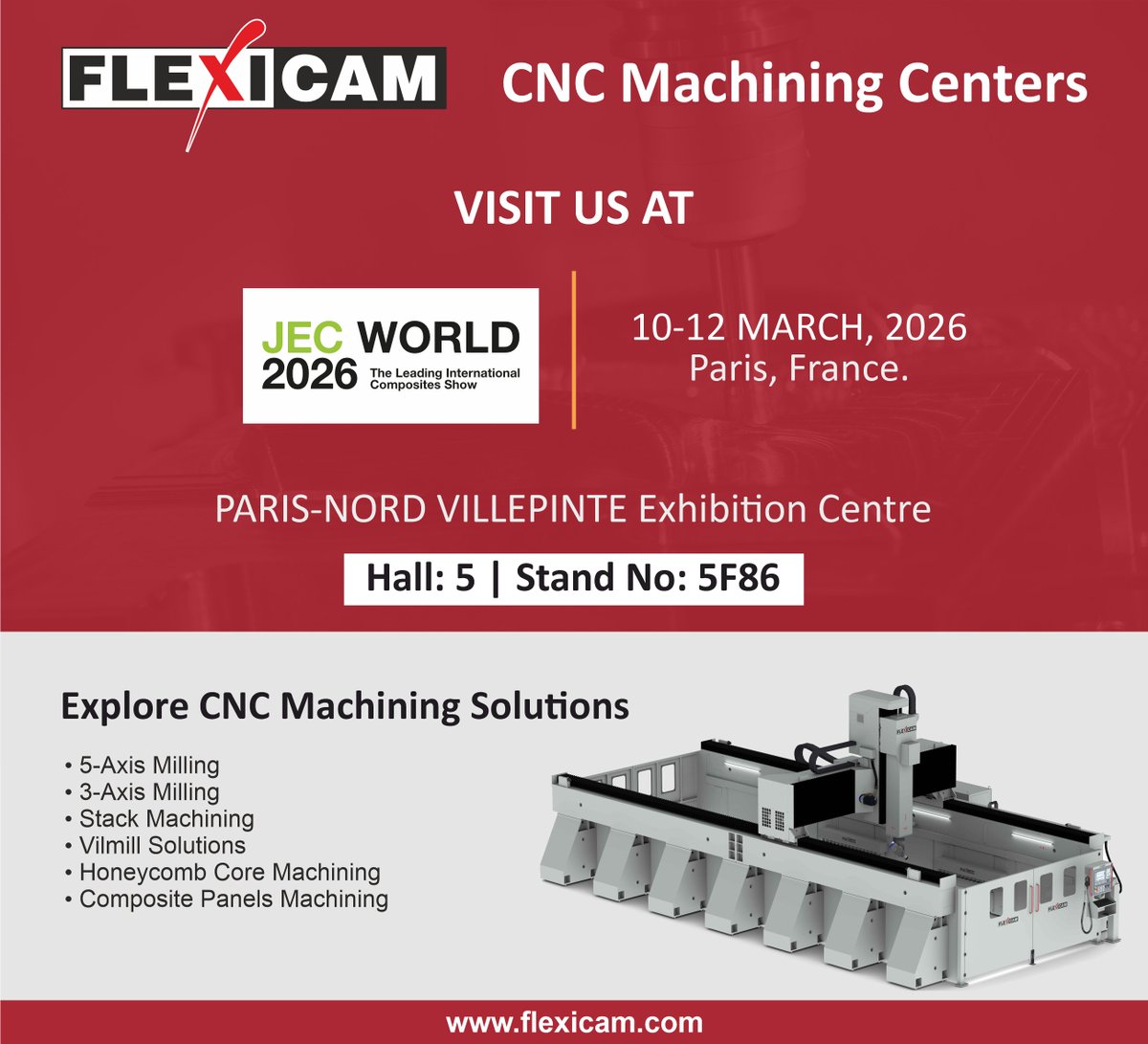 FlexiCAM's tweet photo. JEC World 2026 will take place from 10–12 March at the Paris Nord Villepinte Exhibition Centre where FlexiCAM will showcase advanced CNC machining solutions for composite materials.

Learn More: https://t.co/81WGKrxeGg

📍 Stand No. 5F86, Hall: 5

#FlexiCAM #JEC #Composites #CNC https://t.co/yhu2hVx2WD