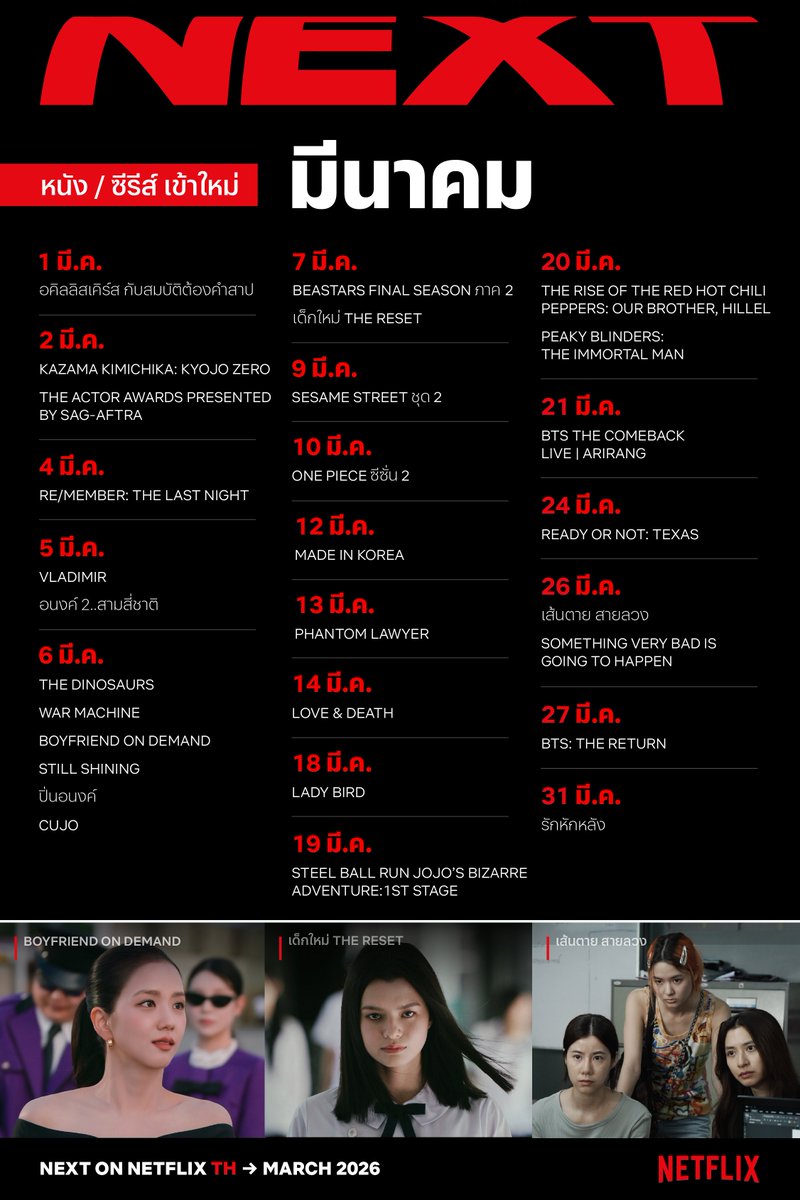 มีนาคมนี้ มีแต่ความปัง 🔥
เพราะหนัง / ซีรีส์ที่พวกเรารอคอย 
เตรียมจ่อเข้าจุกๆ กะเอาให้ไม่ได้นอนนน

มาทำให้ My List ลุกเป็นไฟตลอดทั้งเดือนมีนาคมได้เลยย

#มาใหม่ในNetflix #หนังซีรีส์เข้าใหม่เดือนมีนาคม #NetflixTH
