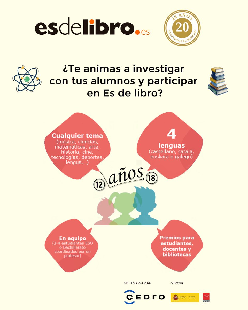 CEDROenlinea's tweet image. #Profesor, participa en el concurso de #Esdelibro con tu aula #ESO #Bachillerato investigando sobre cualquier tema, de todas las materias y en español catalá, euskara o galego.

¡Que nadie se lo pierda! Apúntate👉 esdelibro.es/apuntate 

Apoyan @culturagob @CulturaCMadrid