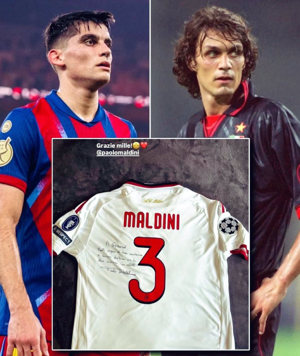 🚨| Paolo Maldini has gifted one of his own match-worn shirts from his playing days to Gerard Martin. 👕🤝

A classy gesture after the FC Barcelona defender named Maldini as his idol, with teammates even nicknaming him “Gerard Maldini. 🌟
