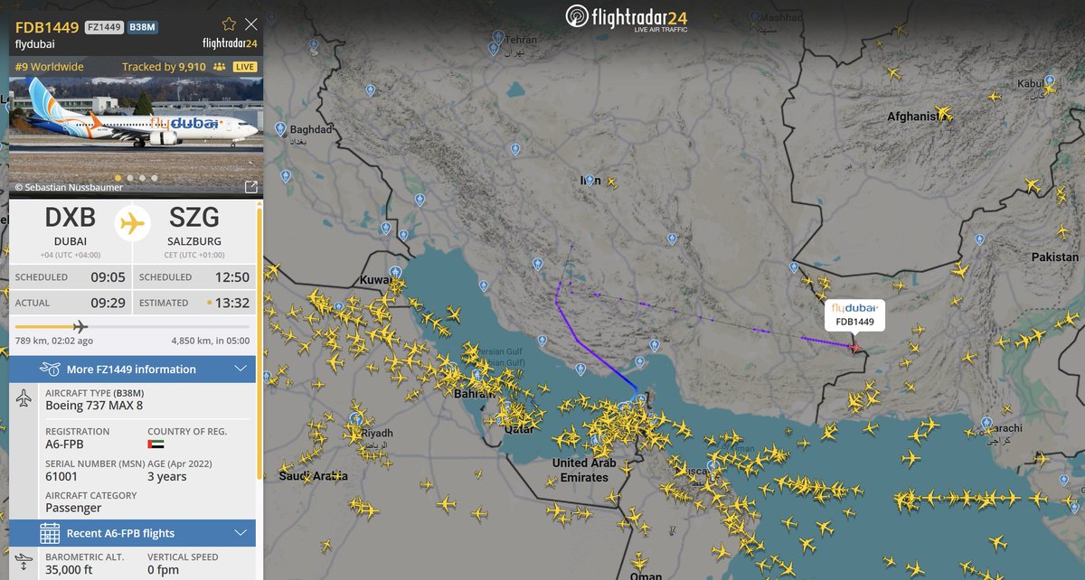 두바이-잘츠부르크 항공편이 파키스탄 상공으로 우회한 사례 이미지