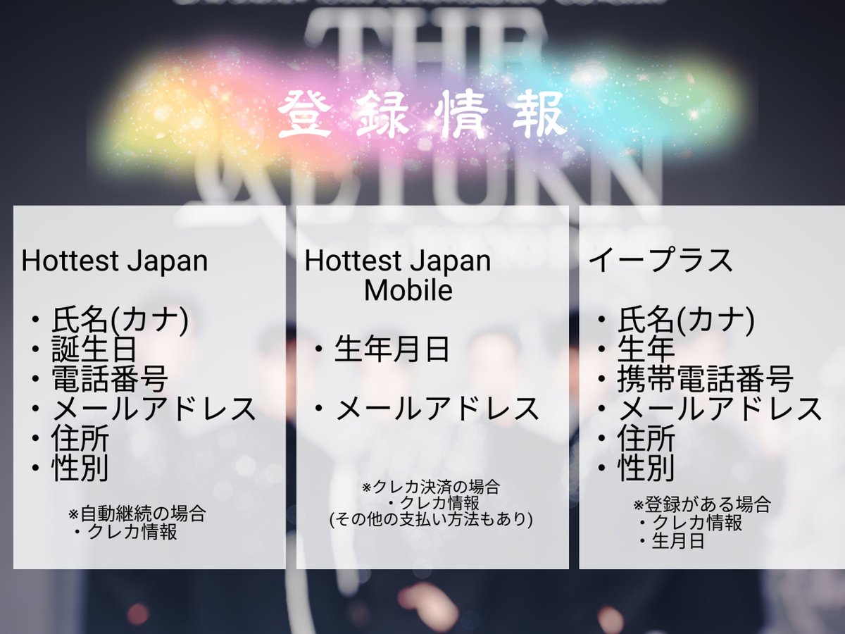 運以外の、人為的な申し込み無効は避けたい🥺

アプグレに備え、共通している登録情報まとめ。影響するのはどの項目？同じ情報での他名義あり（持てる？）は影響する？

申込者・同行者 共に要件を満たさないと🙅要チェック✅️

受付 3月20日(金・祝)〜

#2PM
#2PM_THE_RETURN
#THE_RETURN_TokyoDome