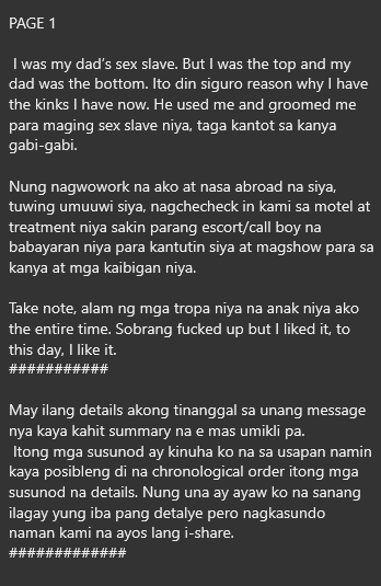 AlterOfan83223's tweet photo. Bilang isang alipin ay ginagawa nya lahat ng Magpapasaya sa kanyang Ama. Ganito daw ang paraan para mapatibay ang samahan nila.

Pages 1-3
Sender: Father's Follower

#ConfessionOfanAlter828
#Incest #fatherson https://t.co/2pfdHcT3bq