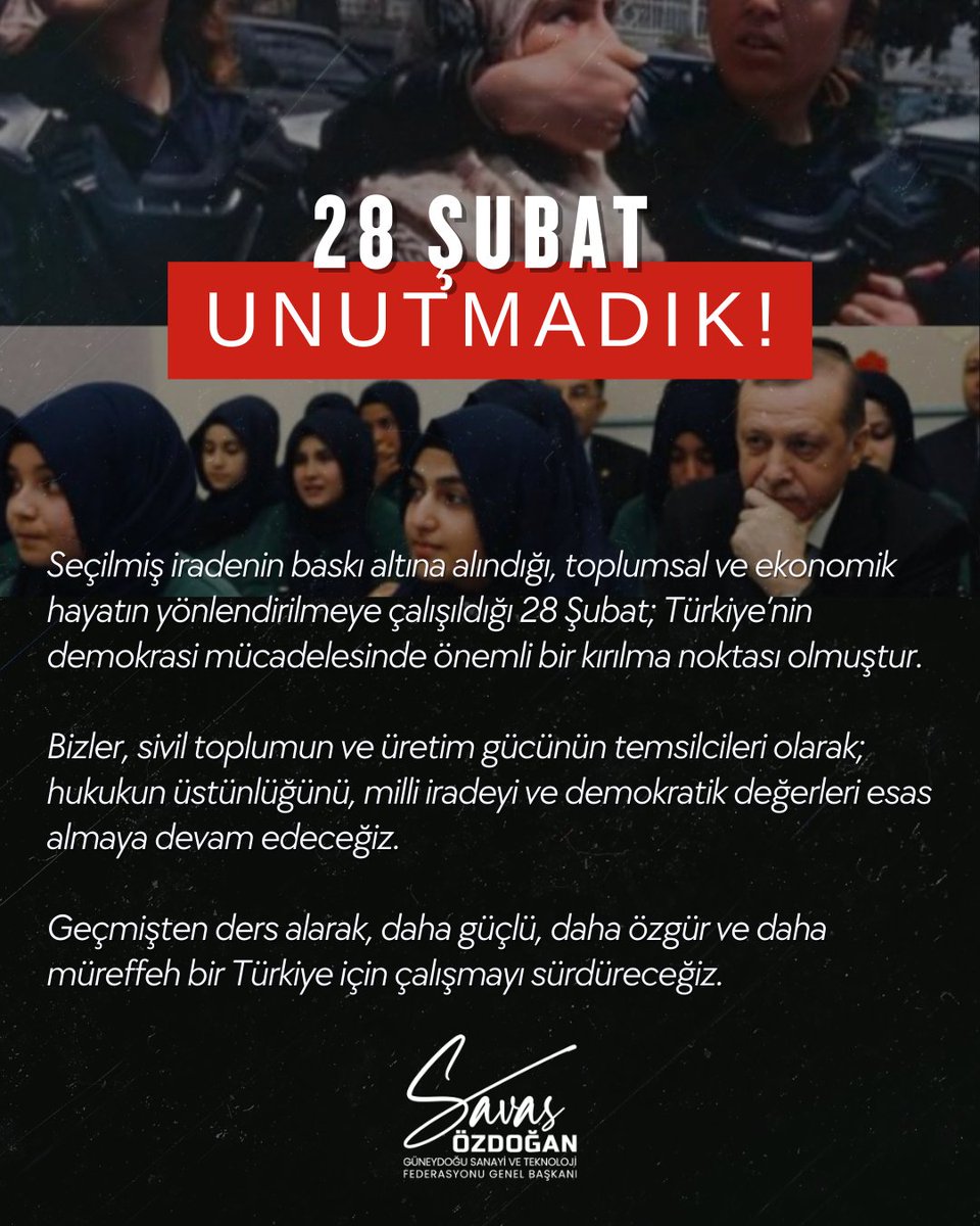 gunsatef's tweet photo. 28 Şubat, demokrasimize vurulan bir gölgeydi.

Bugün daha güçlü bir sivil irade, daha kararlı bir demokrasi anlayışıyla yolumuza devam ediyoruz.
“Sivil İrade, Güçlü Gelecek!” 🇹🇷

Savaş Özdoğan
GÜNSATEF Genel Başkanı

#28SubatıUnutma #28SubatDarbesi #28subat https://t.co/Fmy3yqbaZZ