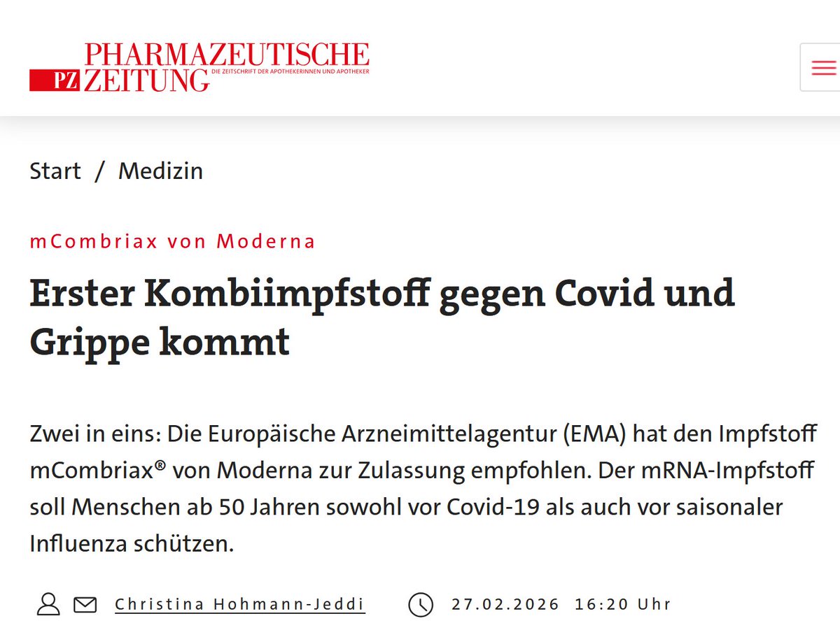 mCombriax
Die kombinierte modRNA gegen Grippe/Corona wurde von der FDA abgelehnt, von der EMA aber jetzt auf die Europäer losgelassen. Absolut schändlich.

Hintergrund: Moderna hatte eine Studie mit zwei Tricks vorgelegt:

Trick 1: Getestet wurde kein Schutz vor Infektion,