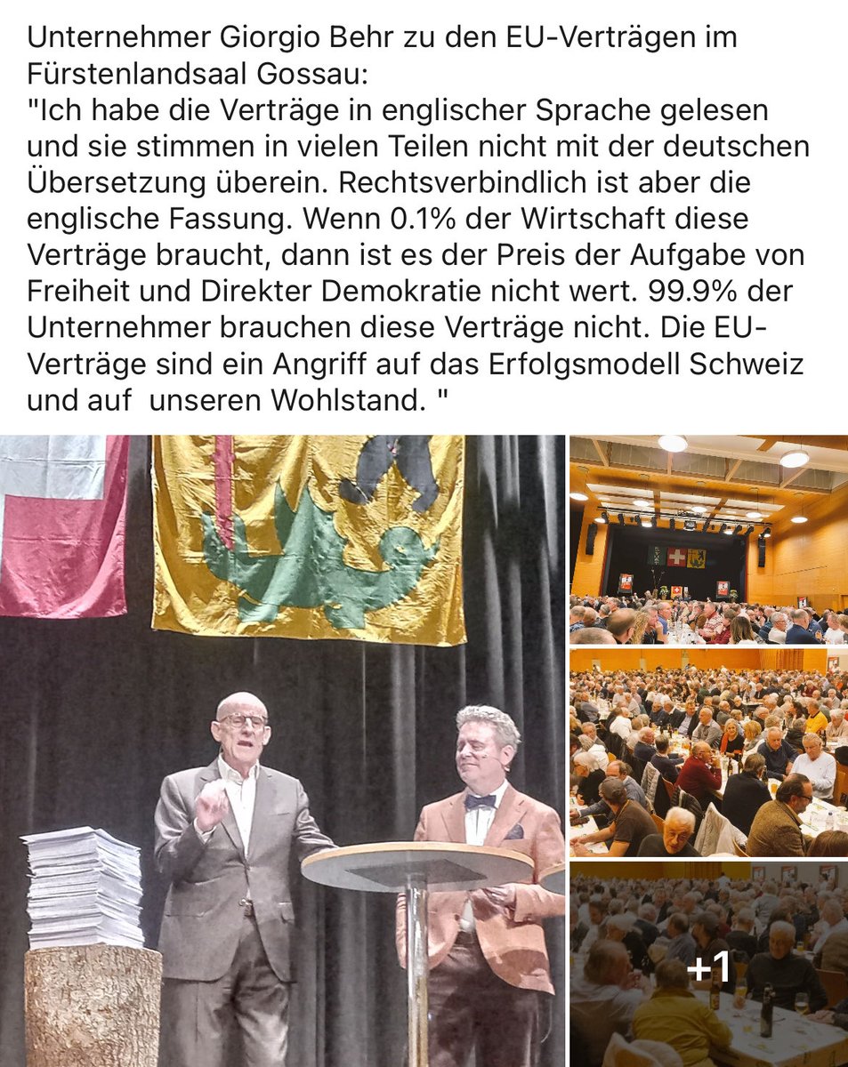 hjbertschi's tweet photo. «Wenn 0.1% der Wirtschaft die #EU_Verträge braucht, dann ist es den Preis der Aufgabe von Freiheit und Direkter #Demokratie nicht wert. 99.9% der Unternehmer brauchen die Verträge nicht. Sie sind ein Angriff auf unser Erfolgsmodell und unseren Wohlstand»
Unternehmer Giorgio #Behr https://t.co/TfBr25PWdd