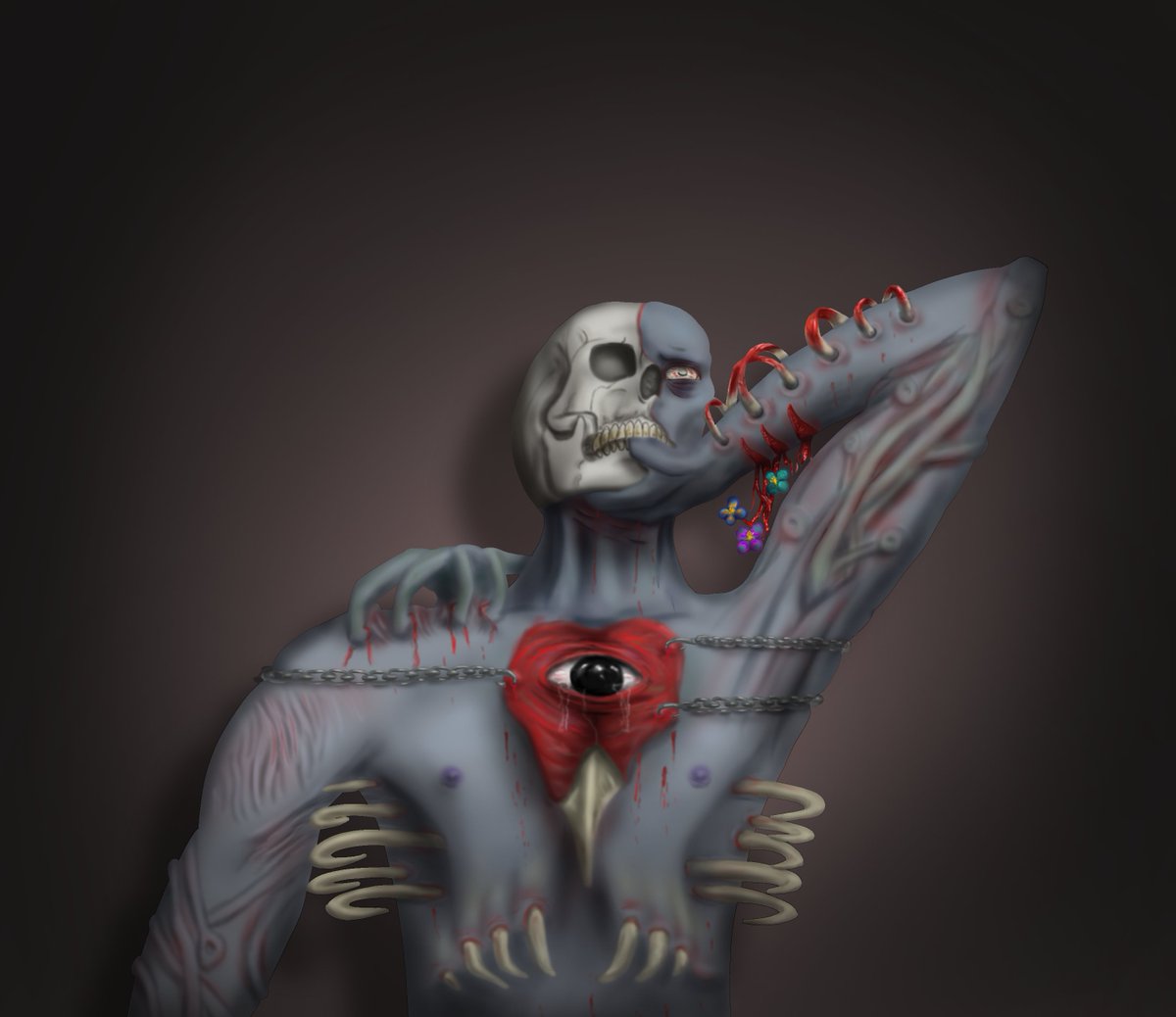 TorridClaw's tweet photo. Finally done. Took 8 months, graduating, and my first freelance gigs to finish drawing this.
#digitalart #portrait #digitalpainting #illustrator #portraitdrawing #gore #horror #mentalhealth #bodyhorror #skeleton #blood #characterdesign #adobe #photoshop #photoshoppainting https://t.co/TxAQHjntVa