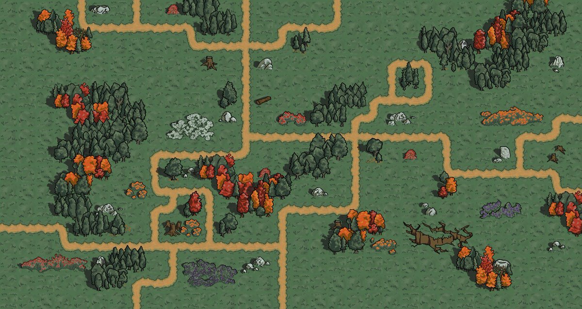 I was drawing environment sprites for the world map — trees, rocks, flowers, etc. Here’s the current #wip shown in a fake screenshot (this isn’t the engine; everything is still combined into one image in Krita for now).
#ScreenshotSaturday #2DArt #IndieGame