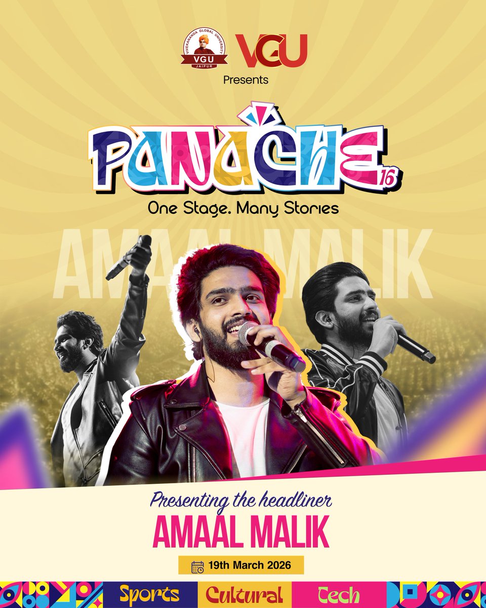 The wait is over… and it just got ICONIC. 
PANACHE 16 proudly presents our headliner — Amaal Malik 
Get ready to sing your heart out and feel every beat live at VGU!

This is going to be magical. 
Mark your calendars and bring the loudest energy.

#Panache16 #AmaalMalik #VGUFest
