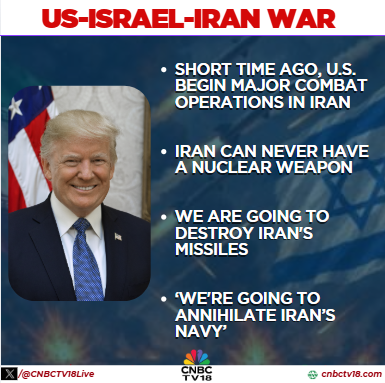 CNBCTV18Live's tweet photo. #IsraelUSIranWar | A short time ago, the US began major combat operations in Iran. Iran can never have a nuclear weapon

Iran attempted to rebuild its nuclear programme. The U.S. military is undertaking a massive and ongoing operation

‘We're going to annihilate Iran’s navy’

Donald Trump on war with #Iran  

#TrumpWatch #IsraelIranConflict