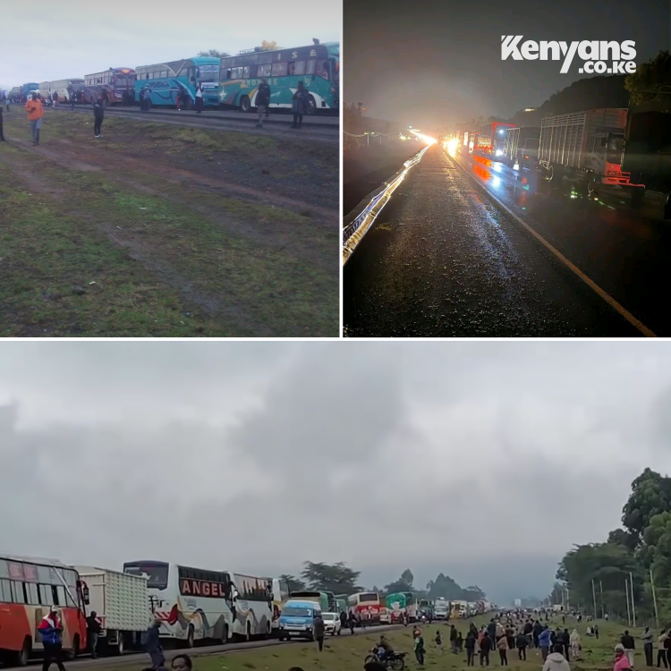 Motorists stuck in traffic overnight along the Nairobi–Nakuru Highway