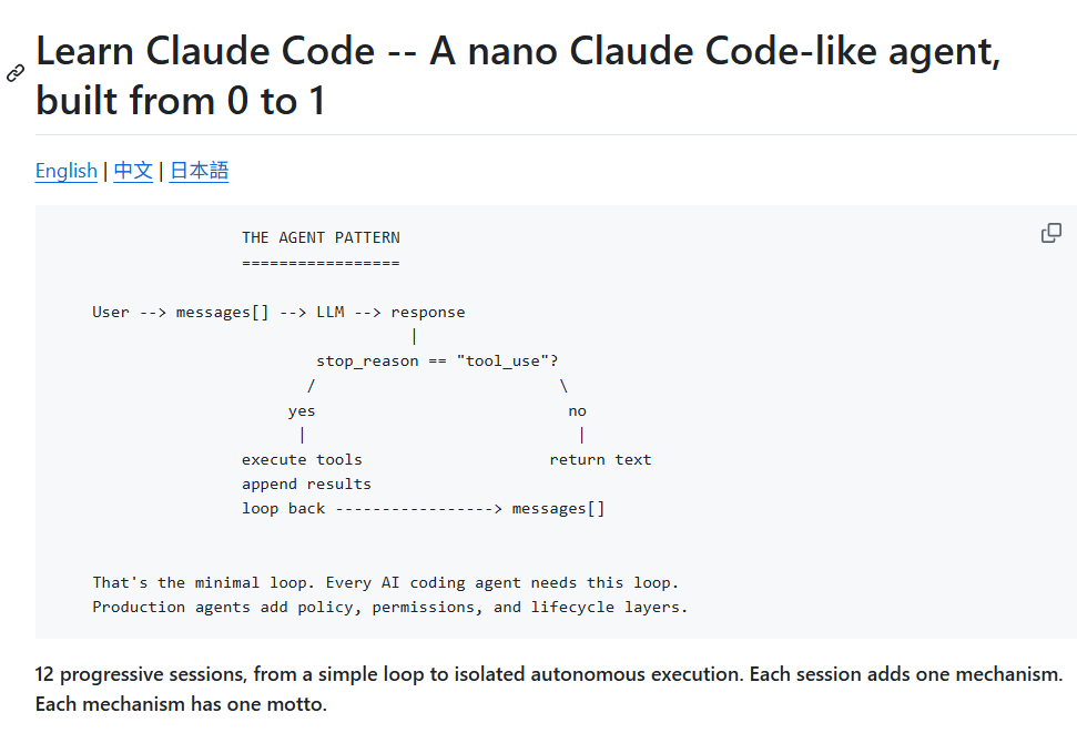 sitinme's tweet photo. 最近刷帖子，刷到一个叫learn-claude-code 的教学型项目，感觉有点意思。

想真正掌握 Claude Code 的精髓，最好的方式不是多提需求，而是亲手复刻一遍它的核心逻辑。learn-claude-code 就是干这个的——它不追求做一个生产级替代品，而是把很多工程细节故意“删掉”，只保留最关键的 Agent 心智模型：

循环怎么跑、工具怎么接、计划怎么显式化、上下文怎么不爆、任务怎么落盘、团队怎么协作、并行怎么隔离……就会发现，Claude Code 的“神秘感”其实主要来自工程组织方式，而不是某个黑魔法 prompt。

它最让我喜欢的一点是：整个学习路径是 s01 到 s12 递进式的，每一节只引入一个核心机制。比如最开始就一句话：one tool + one loop = an agent（一个 bash 工具 + 一个循环，就已经是 Agent 了）。

然后逐步加多工具、加 Todo 计划、加子 Agent 做隔离、加技能按需加载（而不是把一堆说明塞 system prompt）、加上下文压缩“战略性遗忘”、加文件级任务状态、加后台任务、加多 Agent 邮箱队列、加协议/FSM、

最后再走到 worktree 级别的任务隔离。这条路线特别像在拆一台发动机：你不是背概念，而是每拧一颗螺丝就知道它负责什么。

我自己的感受是：今天做 Agent 的分水岭，已经不是“模型聪不聪明”，而是“你有没有把它当一个可长期维护的系统来设计”。prompt 只能让它一时聪明，真正让它长期稳定的是：状态怎么存、上下文怎么控、任务怎么追踪、失败怎么回滚、协作怎么对齐、并发怎么隔离。

learn-claude-code 这种项目的价值就在于：它把这些“工程化的骨架”用最小成本摊开给你看——你自己撸一遍，收获绝对比让 Claude Code 帮你写一百个需求更大。

如果想试试看，可以先从最小 agent loop 开始，再一路加机制。就会发现：所谓“数字生命”，其实就是 工具 + 状态 + 协议 + 迭代循环。

当把这套骨架掌握了，不止 Claude Code，你看任何 Agent 框架都会突然变得“透明”。